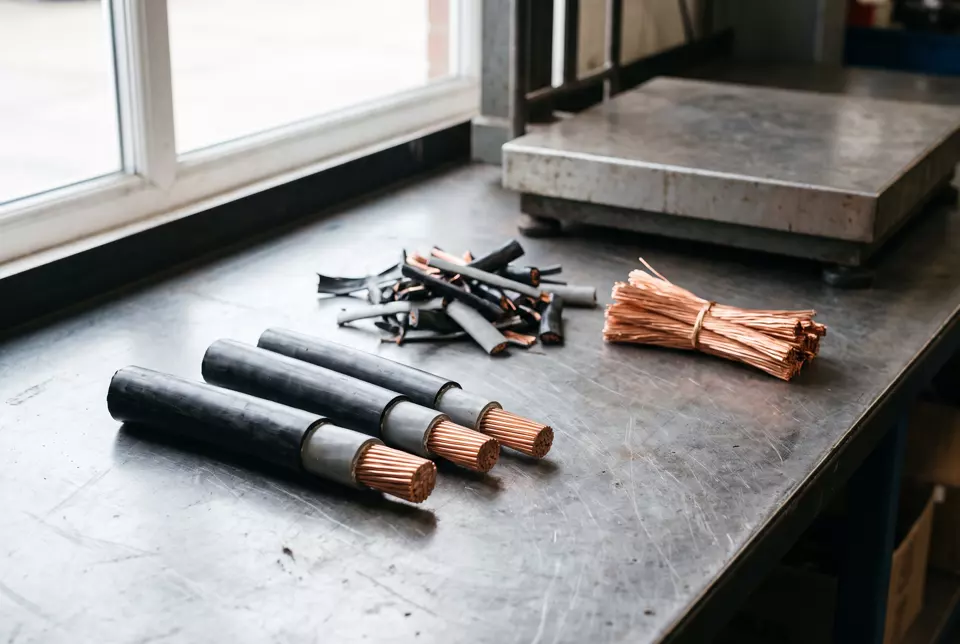 Stripped copper conductors beside cable insulation