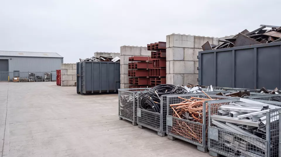 Sorted heavy scrap metal and a loaded roll-on roll-off skip on an industrial site