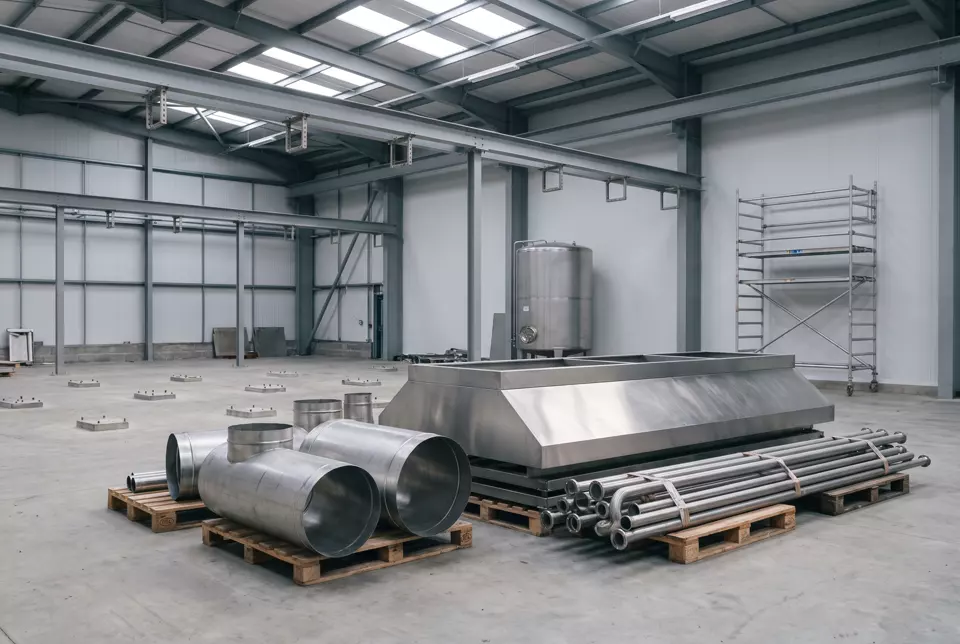 Industrial stainless steel ducting and plant stacked for collection